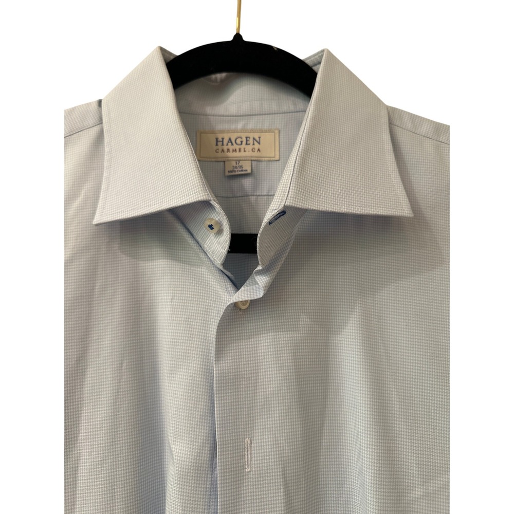 Hagen Carmel Quiet Luxury Blue Micro Check Cotton Dress Shirt 17 34/35 Poland